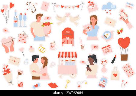 Set di adesivi per illustrazioni vettoriali Love, Romantic Collection. Persone in amore, abbracciare o inviare messaggi d'amore, dando fiori, elementi carini regali per scrapbook. San Valentino, concetto romantico Illustrazione Vettoriale