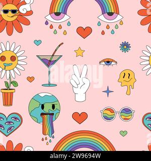 Eleganti adesivi psichedelici con motivo senza cuciture. Divertente collezione di elementi per feste hippie retrò, emoji distorte che si fondono in gocce, pianeta funky Terra e arcobaleno, illustrazione vettoriale dei cartoni animati con fiori Illustrazione Vettoriale