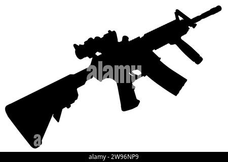 M4 Carbine con vista ottica e silhouette nera in primo piano Foto Stock