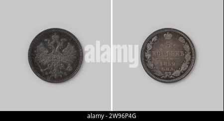 5 copie dalla Russia van Zar Alessandro II, 1859 , moneta d'argento del 1859. Fronte: Aquila coronata a doppia testa con ali spalmate e con piccoli stemmi sulle ali e sul petto un grande, con uno stemma ricoperto di cavalieri e nelle gambe uno scettro e una palla coronata. Una corona con nastro sopra l'aquila. Inverso: Tra due rami legati una corona, dove in due righe la designazione del valore. Sotto quest'anno, comprese in cirillico le lettere S, P e B [= Sint Petersburg]. Bordo del cavo. Argento Sint-Petersburg (metallo) percussione (lavorazione dei metalli) Foto Stock
