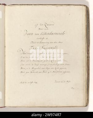 Poesia sulla spada con cui Johan van Oldenbarnevelt sarebbe stato decapitato nel 1619, 1744 manoscritto Vers of Johannes van der Heyde (Heijde). Parte del libro con poesie degli anni 1743-1745 sullo Zwaard con cui Johan van Oldenbarnevelt sarebbe stato decapitato nel 1619. La spada era di proprietà di Frans Greenwood. Giornale di Amsterdam. scrittura inchiostro (processi) Foto Stock