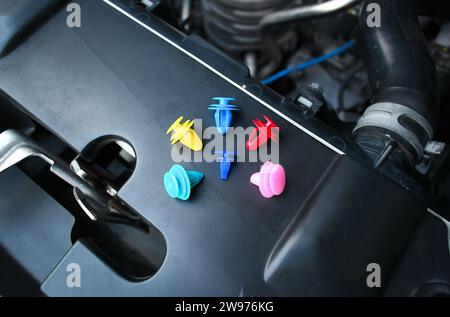 Clip di fissaggio del rivestimento della portiera o clip di plastica per auto o dispositivi di fissaggio in plastica con colorato per auto, concetto di parti di ricambio per auto Foto Stock
