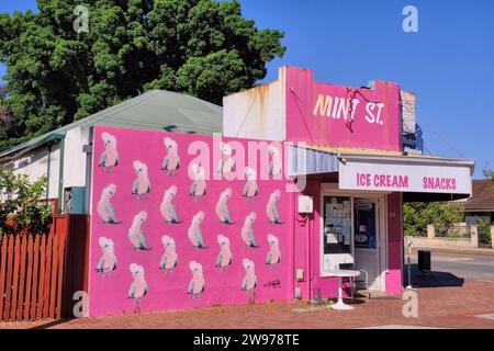 Perth: Colorato vecchio negozio di gastronomia rosa all'angolo con galah cockatoo wall art in Mint Street, East Victoria Park, Perth, Australia Occidentale Foto Stock