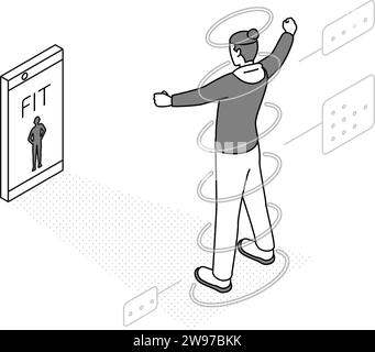 Immagine di DX, un uomo che utilizza un'app per misurare le sue dimensioni del corpo con la funzione fotocamera del suo smartphone, Vector Illustration Illustrazione Vettoriale