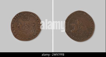 Medaglia di calcolo da Anversa per Zeeland ai tempi difficili 1562 , 1562 medaglia di storia. Jeton Copper Medal, sul fronte una nave bisognosa sulla quale Cristo è risvegliato, sotto lo stemma della Zelanda, con un cambiamento, il re su un ippocampo a sinistra sul retro, con un cambiamento. rame (metallo) a percussione (lavorazione dei metalli) Foto Stock