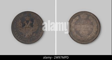 25 copie dalla Russia van Zar Alessandro II, 1858 , 1858 moneta d'argento. Fronte: Aquila coronata a doppia testa con ali spalmate e con piccoli stemmi sulle ali e sul petto un grande, con uno stemma ricoperto di cavalieri e nelle gambe uno scettro e una palla coronata. Una corona con nastro sopra l'aquila. Inverso: Tra due rami legati una corona, dove in due righe la designazione del valore. Sotto quest'anno, comprese in cirillico le lettere S, P e B [= Sint Petersburg]. Bordo del cavo. Argento Sint-Petersburg (metallo) percussione (lavorazione dei metalli) Foto Stock
