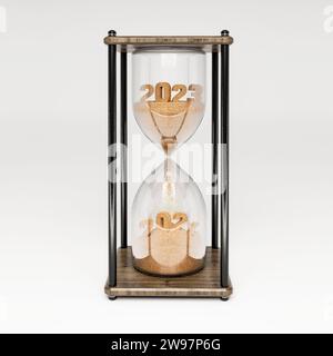 Orologio sabbia 2024. Buon anno nuovo. Modello di biglietto d'auguri. Rendering 3D. Transizione dal 2023 al 2024. Caricamento del nuovo anno dal 2023 al 2024. Foto Stock