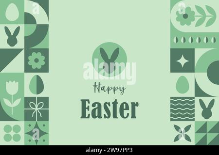 Striscione di buona Pasqua. Sfondo astratto neo-geometrico moderno. Poster orizzontale, biglietto d'auguri, intestazione per il sito Web. Composizione di semplici icone in Illustrazione Vettoriale
