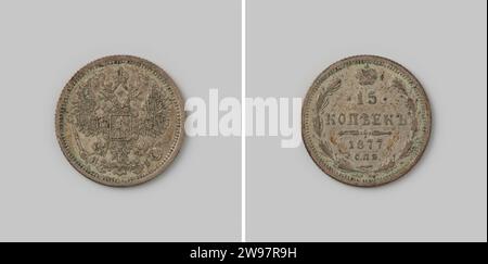 15 copie dalla Russia van Zar Alessandro II, 1877 , 1877 moneta moneta d'argento. Fronte: Aquila coronata a doppia testa con ali spalmate e con piccoli stemmi sulle ali e sul petto un grande, con uno stemma ricoperto di cavalieri e nelle gambe uno scettro e una palla coronata. Una corona con nastro sopra l'aquila. Inverso: Tra due rami legati una corona, dove in due righe la designazione del valore. Sotto quest'anno, comprese in cirillico le lettere S, P e B [= Sint Petersburg]. Bordo cartello. Argento Sint-Petersburg (metallo) percussione (lavorazione dei metalli) Foto Stock