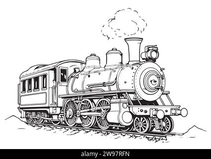 Locomotiva a vapore retrò in movimento. Emblema del treno d'epoca o illustrazione del simbolo vettoriale Illustrazione Vettoriale