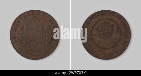 20 viaggio dell'Impero Brasile di D. Pedro i, 1827 , 1827 Coin Mecca di rame. Fronte: Tra due rami legati coronato stemma del Brasile. Lato rotaia: All'interno del cerchio di fiori non più visibile designazione del valore: 40, su cui viene applicato un battito circolare con nuova designazione del valore: 20 in un campo ombreggiato orizzontalmente. Nella modifica sotto l’anno con il diritto della lettera R [= rio]. Bordo cartello. Rame (metallo) a percussione (lavorazione dei metalli) di Rio de Janeiro Foto Stock