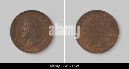 10 centime delle colonie francesi durante Luigi Filippo i, 1843 , 1843 moneta zecca di bronzo. Facciata: Louis Philippe I.. Louis a sinistra. Rovescio: All'interno di una corona di due rami in due linee di designazione Waaarde. Copertina: Colonies Francaises. Sotto anno, a sinistra della lettera A [= Parigi]. Parigi bronzo (metallo) percussione (lavorazione dei metalli) Foto Stock