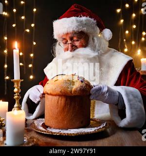 Babbo Natale e Babbo Natale tipico e il tipico dolce natalizio italiano "panettone". Foto Stock