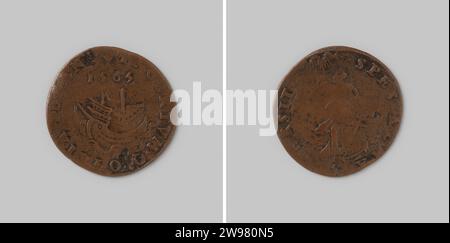 Medaglia di calcolo da Anversa sulla tempesta in avvicinamento nei Paesi Bassi 1565, 1565 medaglia di storia. Medaglia Jeton Copper, sul fronte una nave a vela controllata con albero rotto, con un cambiamento, sul lato negativo la speranza punta al nome di Dio, con un cambiamento. rame (metallo) a percussione (lavorazione dei metalli) Foto Stock