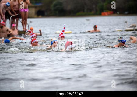 I nuotatori si riuniscono presto per la tradizionale gara di nuoto mattutina di Natale del Regno Unito nel lago Serpentine di Londra, Hyde Park. Chiamati i nuotatori della Peter Pan Cup hanno gareggiato nei cappelli di Babbo Natale dal 1864. Alle 9:00, i membri del Serpentine Swimming Club si tuffano nell'acqua ghiacciata di 7 gradi centigradi per correre per 100 metri (91 metri). L'autore J M Barrie, che viveva nelle vicinanze, Peter Pan, è stato associato alla gara di Natale del 1903. Foto Stock