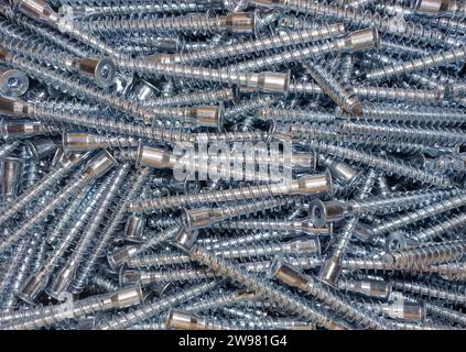 Primo piano di una varietà di viti metalliche disposte in modo ordinato su un banco di lavoro in un ambiente da officina Foto Stock