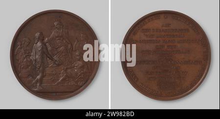 Ristrutturazione dello Stadsschouwburg di Amsterdam, Penning donò al sindaco Cornelis Jacob Arnoldus den Tex, al consiglio comunale e ai commissari teatrali Joh. Hilman, Jan Fred. Hz virata. E Abr. Johannes de Bull, Jacob Samuel Cohen Elion, 1873 - 1874 medaglia di bronzo. Fronte: Donna incoronata con stemma, che rappresenta la città di Amsterdam, è su un trono per l'elevazione; intorno alle sue tre muse, una delle quali è il busto con un martello e uno scalpello, tenendo una seconda tavolozza con pennelli e bastoni e disegna la terza con un passante sull'immagine dell'edificio; davanti al trono c'è il giovane con la corona di alloro in lei Foto Stock