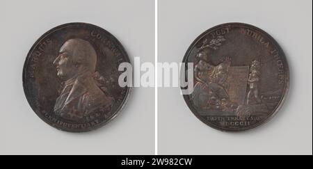 Pace di Amiens, in onore di Carlo, conte di Cornwallis, negoziatore per l'Inghilterra, Kempson & Kindon, medaglia di storia del 1802 medaglia d'argento. Parte anteriore: Cambio uomo seno. Rovescio: La Brittania con lo stemma è sotto un albero, su cui appendono lo scudo e la spada; la corona e il medaglione di Giorgio III poggiano sulle sue gambe, al di sopra del quale tiene il ramo d'ulivo; ai suoi piedi ci sono un leone e un agnello accanto a un guscio di mais; per lei un genio con corno imbottito di abbondanza, che mostra il suo piatto con iscrizione all'interno del rivestimento; Cut: Inscription Birmingham Silver (metallo) impressionante (lavorazione dei metalli) Amiens Foto Stock