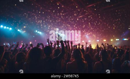 Il pubblico euforico si è stagliato contro una cascata di luci da concerto, con le mani alzate nell'aria, incarnando l'atmosfera della musica dal vivo Foto Stock