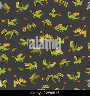 Graziosi draghi con motivo vettoriale senza cuciture che volano fuoco per tessuti e decorazioni Illustrazione Vettoriale