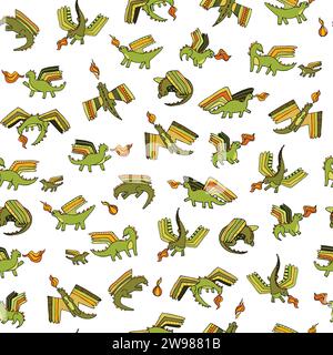 Graziosi draghi con motivo vettoriale senza cuciture che volano fuoco per tessuti e decorazioni Illustrazione Vettoriale