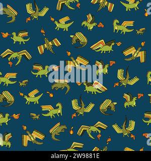 Graziosi draghi con motivo vettoriale senza cuciture che volano fuoco per tessuti e decorazioni Illustrazione Vettoriale