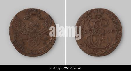 5 copie dalla Russia di Tsarina Catherina II, 1790 , 1790 Coin Copper Mint. Fronte: Aquila coronata a doppia testa con ali sparse, con l'ordine del cavaliere appeso al petto e con nelle gambe scettro e bulbo con croce. Una corona sopra l'aquila. A sinistra e a destra sotto la coda le lettere e m [= Ekaterinburg]. Nella parte inferiore dell'indicazione del valore di bordatura. Inverso: Entro due rami legati tra l'anno monogramma incoronato della zarina. Bordo del cavo. rame (metallo) a percussione (lavorazione dei metalli) Foto Stock
