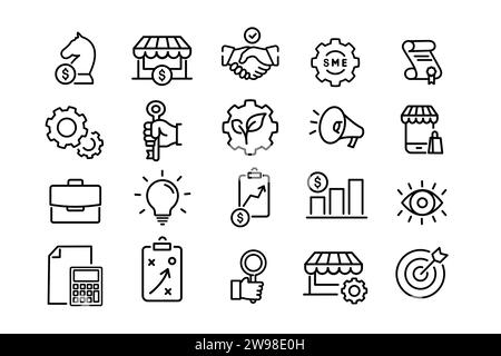 Set di icone per pmi aziendali. Icona di stile aziendale per piccole e medie imprese. Partenariato locale, strategia economica, concetto di franchising. Illustrazione vettoriale. Illustrazione Vettoriale