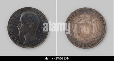 5 franchi dall'Impero Francia di Napoleone III, 1856 , 1856 moneta moneta d'argento. Fronte: Testa dell'imperatore a sinistra. In basso a destra della lettera A [= Parigi]. Rovescio: Tra il mantello coronato, su cui l'ordine del Cavaliere con gioiello è appeso intorno allo stemma, dietro il quale due barre incrociate. Sotto l'anno. Bordo di uscita. Argento Parigi (metallo) percussione (lavorazione dei metalli) Foto Stock