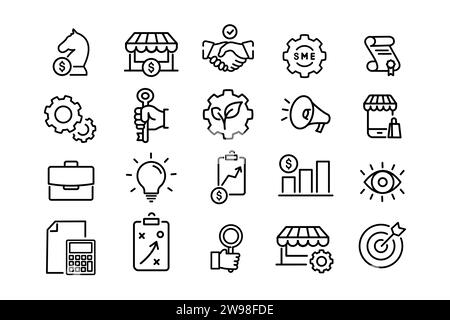 Set di icone per pmi aziendali. Icona di stile aziendale per piccole e medie imprese. Partenariato locale, strategia economica, concetto di franchising. Illustrazione vettoriale. Illustrazione Vettoriale
