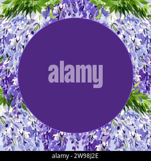 cornice rotonda ad acquerello con ramificazione di fiori di glicine, illustrazione disegnata a mano con fiori lilla primaverili, pianta blu su sfondo viola, f Foto Stock