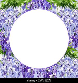 cornice rotonda acquerello con ramificazione di fiori di glicine, illustrazione disegnata a mano con fiori lilla primaverili, pianta blu isolata su sfondo bianco Foto Stock