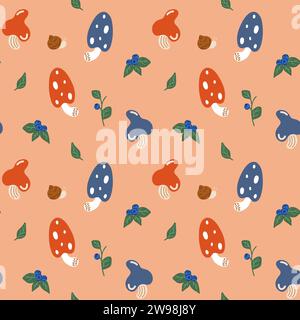 Modello senza cuciture sul tema di una foresta con funghi Illustrazione Vettoriale