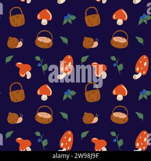 Modello senza cuciture sul tema di una foresta con funghi Illustrazione Vettoriale