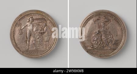 OPNAME DI SALISBURGO emigranti nel Nederland, Christian Wermuth, medaglia d'argento 1733. Fronte: Uomo in armatura con fascio di frecce in mano protetto con il suo scudo due donne, uomo che tiene il cappello in mano e bambino all'interno della copertura; taglio: Anno. Reverside: I Paesi Bassi, raffigurata come una donna appoggiata allo stemma e con lancia con cappello di libertà in mano, sullo sfondo della terra vicino al mare, sopra la sua testa un corno rovesciato di abbondanza all'interno della copertura; taglio: Iscrizione; interno: due stampe rotonde colorate, che rappresentano le carte dell'arcidiocesi di Salisburgo e del Ducato di Lituania; contenuto: 1 Foto Stock
