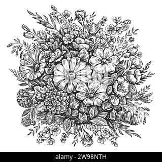 Fiori e fiori selvatici, incisione in stile vintage. Illustrazione disegnata a mano isolata per la progettazione di biglietti di auguri Foto Stock