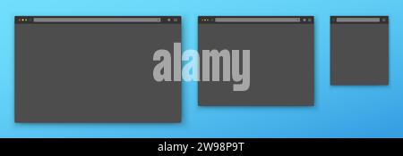 Una serie di finestre del browser realistiche vuote di diverse forme con una barra degli strumenti, una barra di ricerca e un'ombra su uno sfondo blu. Illustrazione Vettoriale