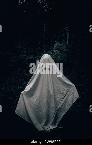 Un bambino in costume fantasma tra gli alberi della foresta Foto Stock