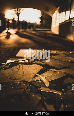 Un primo piano di vetri rotti e frantumati sul lato di una strada cittadina Foto Stock