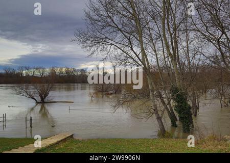 Dicembre 25, 2023. Szentendre, Ungheria tempo, il giorno dopo Natale l'acqua del Danubio è molto alta. Credit Ilona Barna, BIPHOTONEWS, Alamy Live News Foto Stock