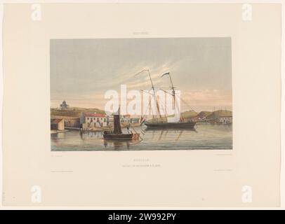 Haven of Willemstad, Jonkheer Jacob Eduard van Heemskerck van Beest, dopo Gerard Voorduin, 1860 - 1862 stampa Vista della parte del porto di Willemstad dove attraccano le navi da guerra. Sono inoltre indicati: Belvedère, Werf van den HR. Van der Meulen e Fort Nassau. Parte della lamiera "Gezigten from Neerland's West-Indien". Tipografia: Netherlandsprinter: Utrechtpublisher: Porto di Amsterdam per laccatura di carta. barca a vela, barca a vela. Sistema coloniale Curacao. Willemstad. Fort Nassau (Curaco) Foto Stock