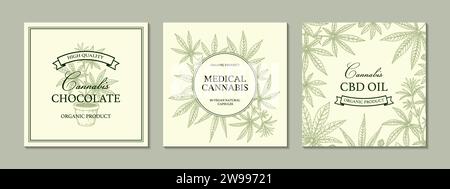 Design quadrato cannabis per packaging, post sui social media, decorazione di negozi, branding, certificati. Serie di illustrazioni vettoriali di marijuana in sketch sty Illustrazione Vettoriale