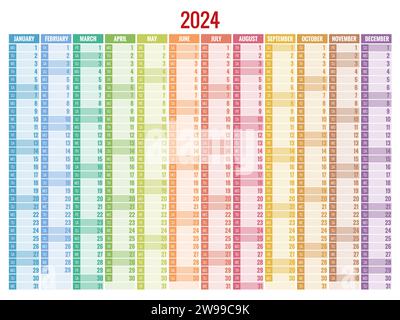 Vettore di calendario verticale rainbow 2024, lingua inglese. 2024 Calendario di 12 mesi Illustrazione Vettoriale