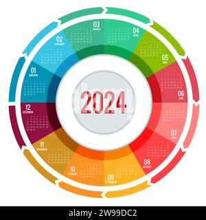 Calendario rotondo colorato Calendario 2024. Orientamento verticale. Set di 12 mesi. Pianificatore per 2024 anni. Illustrazione Vettoriale