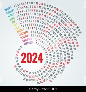 Calendario rotondo colorato Calendario 2024. Orientamento verticale. Set di 12 mesi. Pianificatore per 2024 anni. Illustrazione Vettoriale