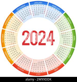 Calendario rotondo colorato Calendario 2024. Orientamento verticale. Set di 12 mesi. Pianificatore per 2024 anni. Illustrazione Vettoriale