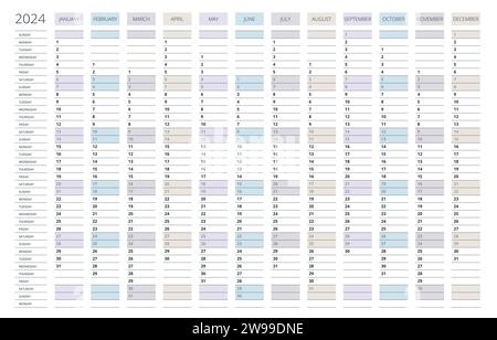 Vettore calendario verticale 2024, lingua inglese. 2024 Calendario di 12 mesi Illustrazione Vettoriale