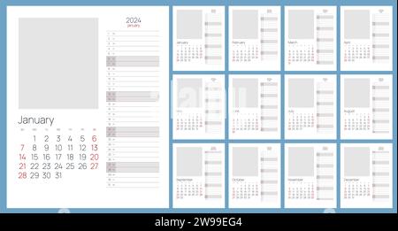 Calendario per il 2024 anno. Stampare il modello con la posizione per la foto. Set di 12 pagine di calendario. Design cancelleria 2024 Illustrazione Vettoriale