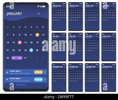 Pianificatore calendario per il 2024. Calendario per il 2024 anno. Smartphone con calendario, piani di un mese. Progettare il modello di stampa. Set di 12 pagine di calendario. Illustrazione Vettoriale