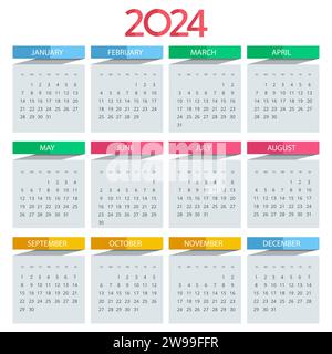 Calendario Planner per il 2024. Modello di calendario per il 2024. Calendario aziendale e aziendale. Modello di stampa per progetti di cancelleria. Illustrazione Vettoriale